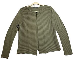 PERUVIAN CONNECTION Green 100% Pima Cotton Open Front Cardigan Sweater Size M